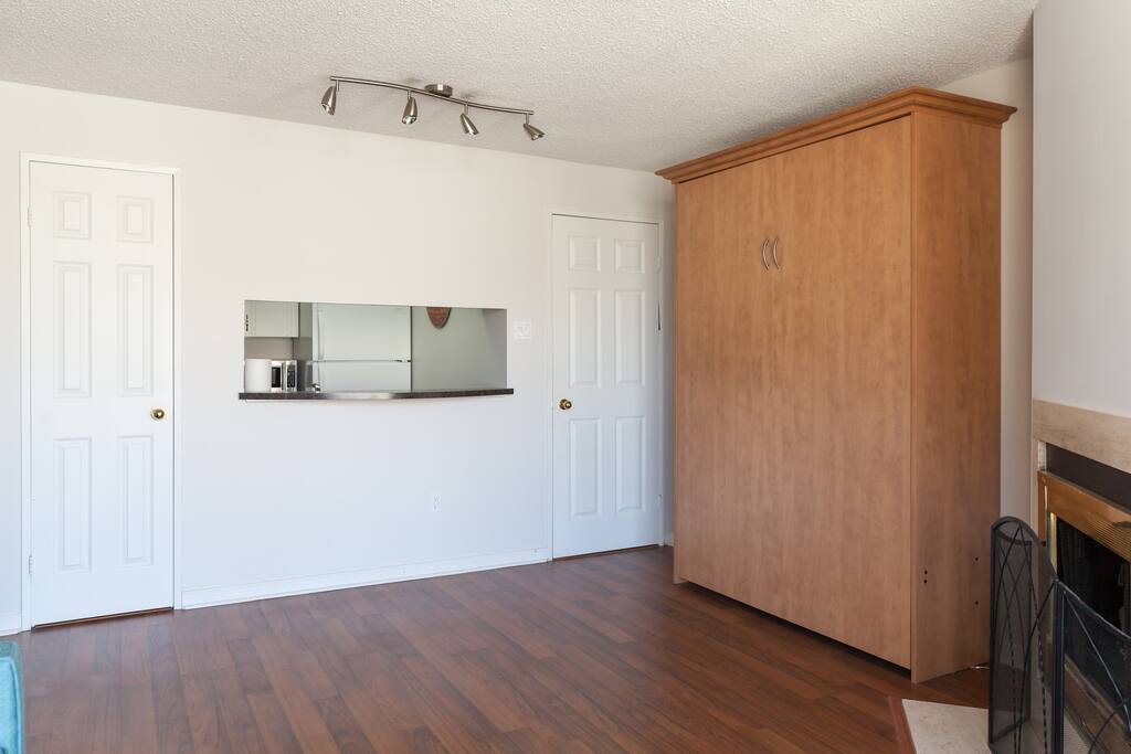 Living room with murphy bed and kitchen bar
