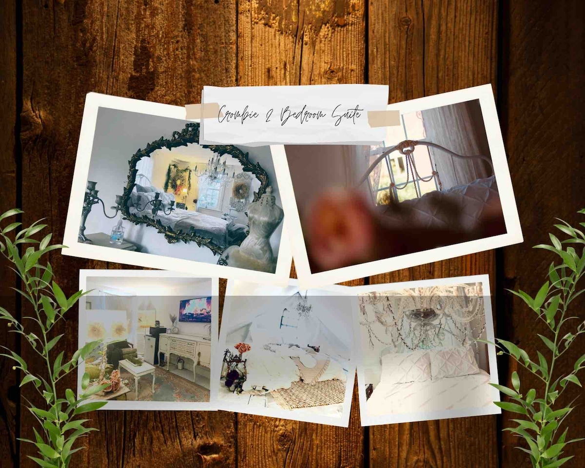 An ornate mirror reflects soft light within a cozy space. A well-furnished sitting area includes a TV atop a white console. A decorative fireplace is featured alongside plush bedding. The backdrop showcases wood paneling and touches of greenery, enhancing the room's atmosphere.