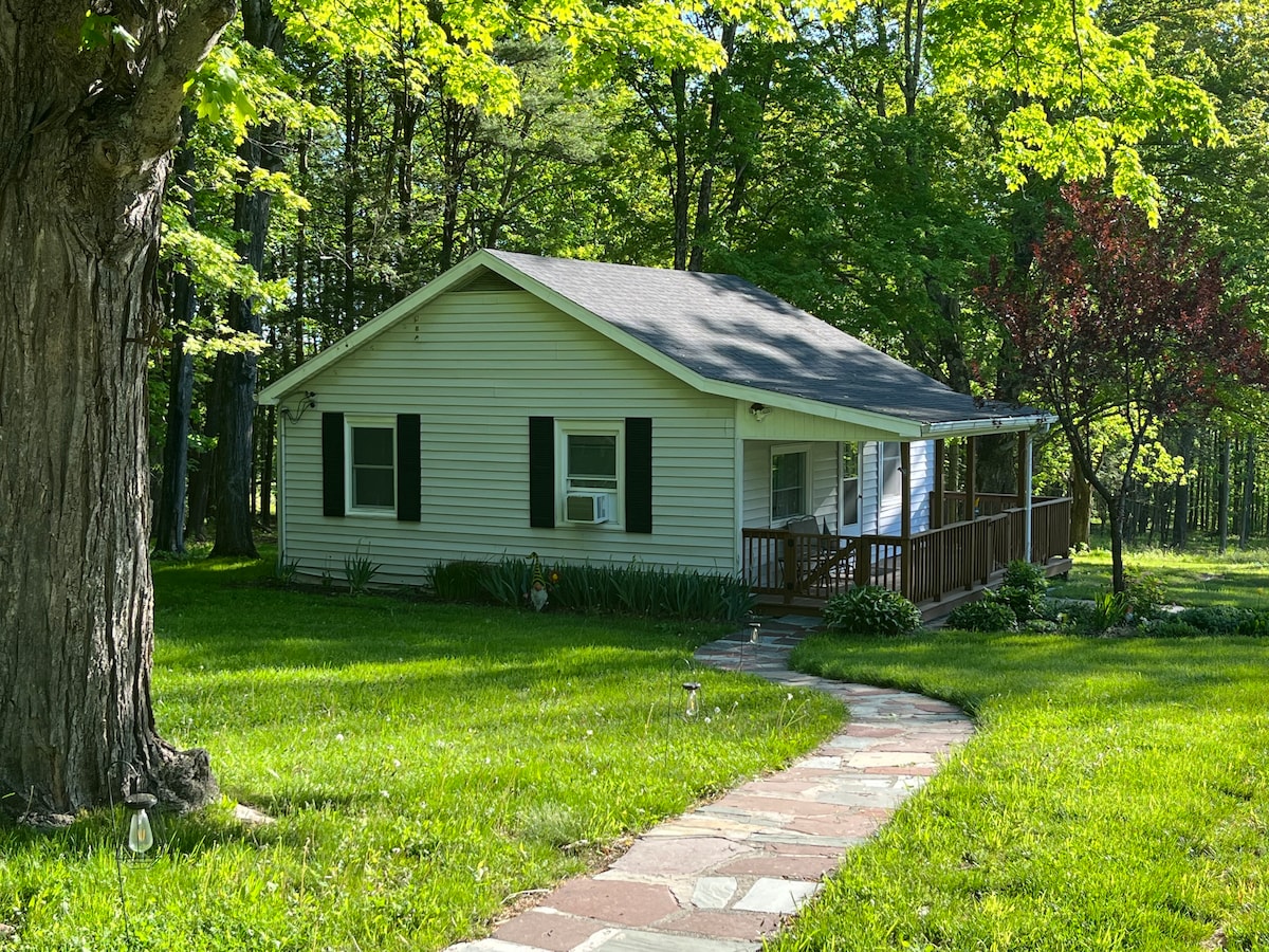 A single-story cottage is set amidst lush greenery, featuring a welcoming porch and large windows. A stone pathway leads to the entrance, surrounded by well-maintained grass and shaded by surrounding trees.
