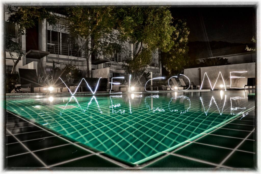The pool at night.