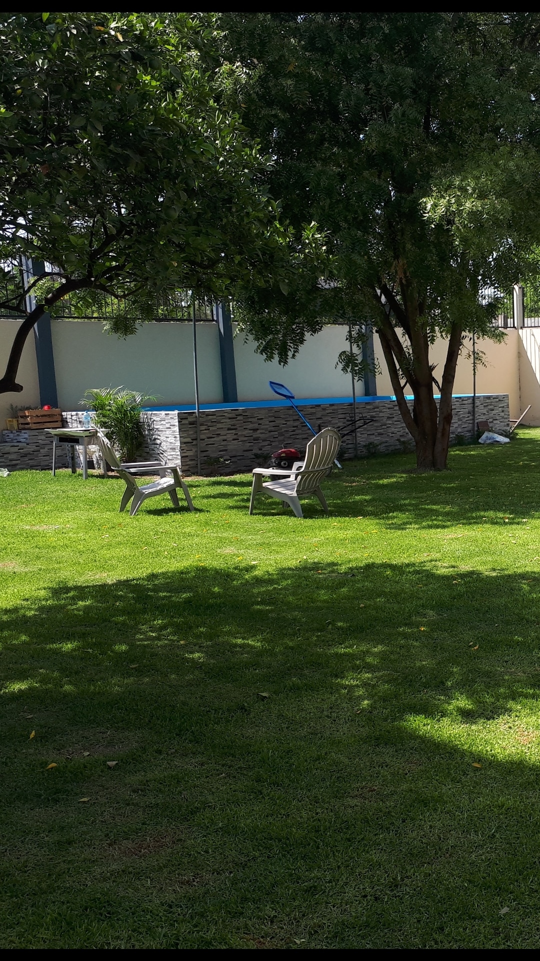 A tranquil outdoor space features a small pool set against a backdrop of greenery and shaded areas. Two light-colored chairs are positioned on the lush grass, providing a comfortable spot for relaxation. The pool area is surrounded by a stone wall, adding to the serene garden environment.