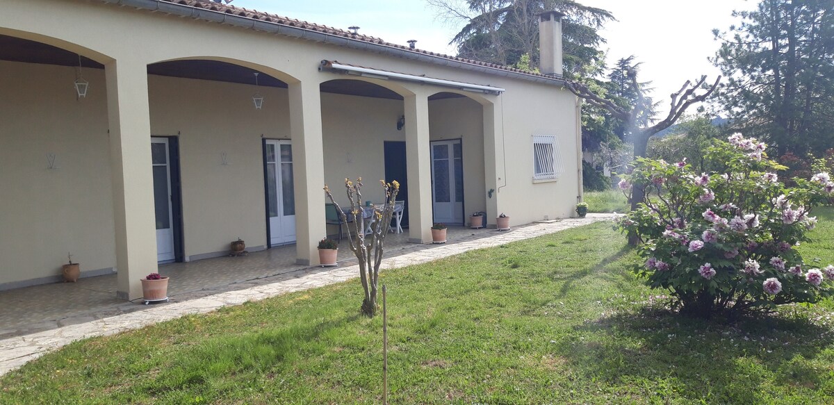 The exterior of the house is depicted, featuring a covered porch with arches and two doors. A landscaped area includes a flowering bush and a grassy lawn, creating a serene outdoor space. Potted plants are visible on the porch, contributing to the welcoming atmosphere.