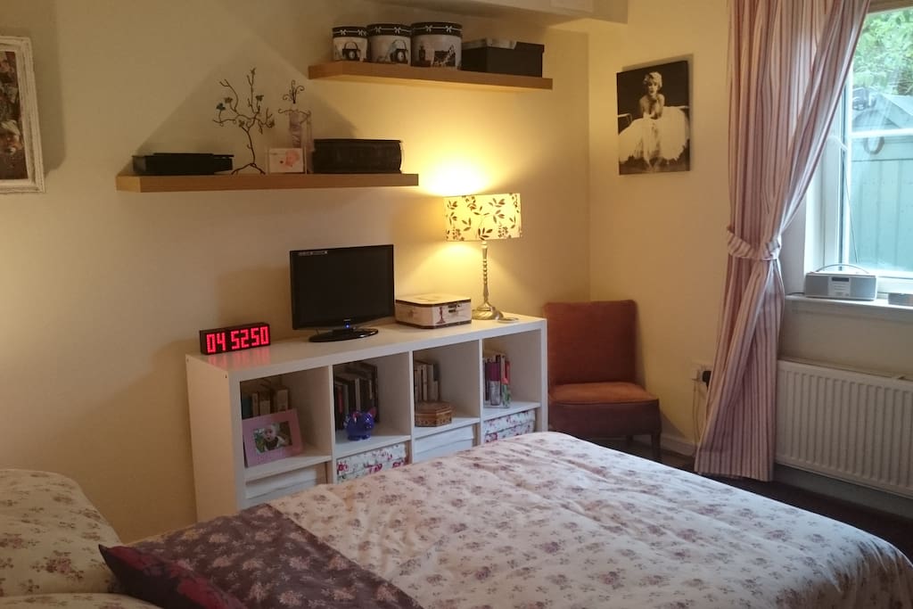 The TV/DVD player in the bedroom. It doesn't receive a signal but I have a bundle of dvds you can choose from and Chromecast is available.