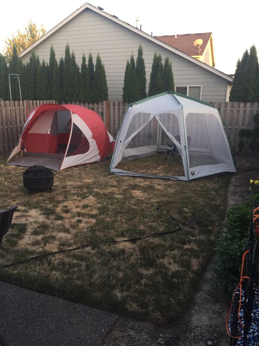 Fenced backyard with a tent and a screened gazebo