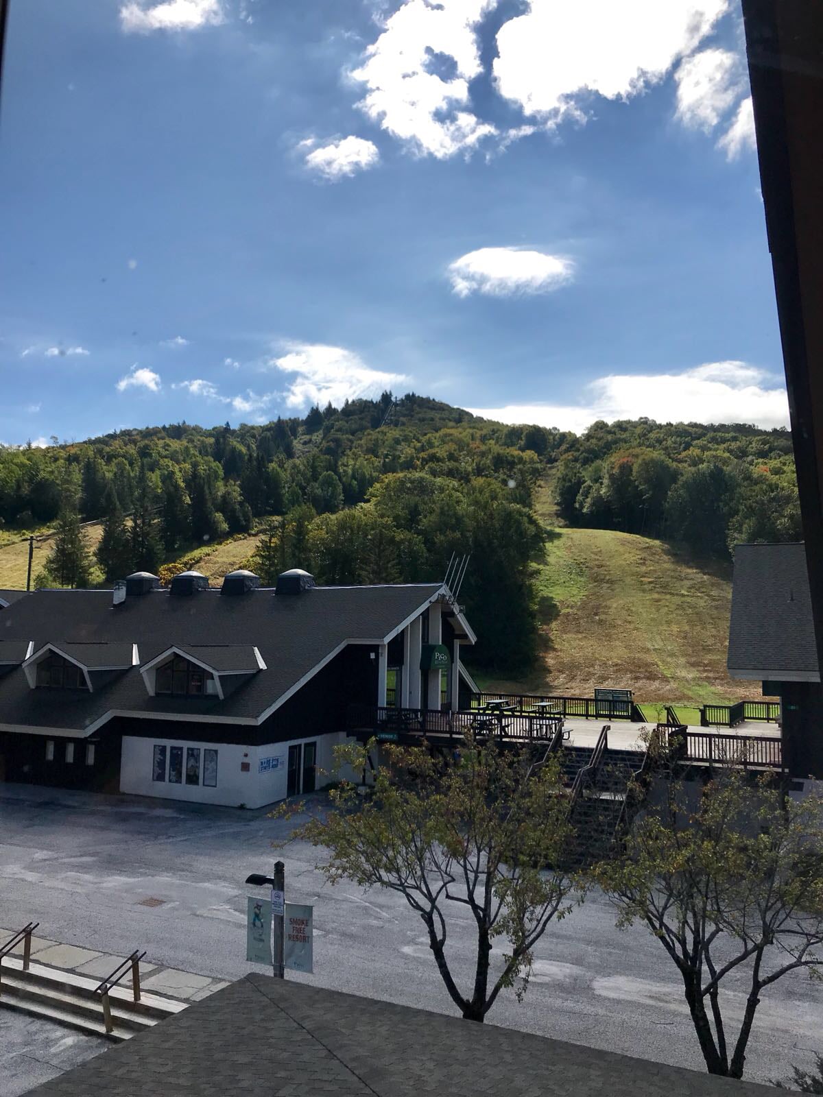 A view of green mountains stretches beyond a lodge, showcasing slopes lined with trees under a clear blue sky. The foreground includes a well-maintained pavement area and a structured building featuring a sloped roof with large windows.