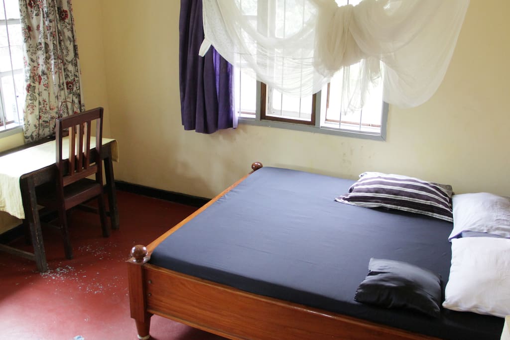 Room has large bed, windows with curtains, a mosquito net, desk and chair.