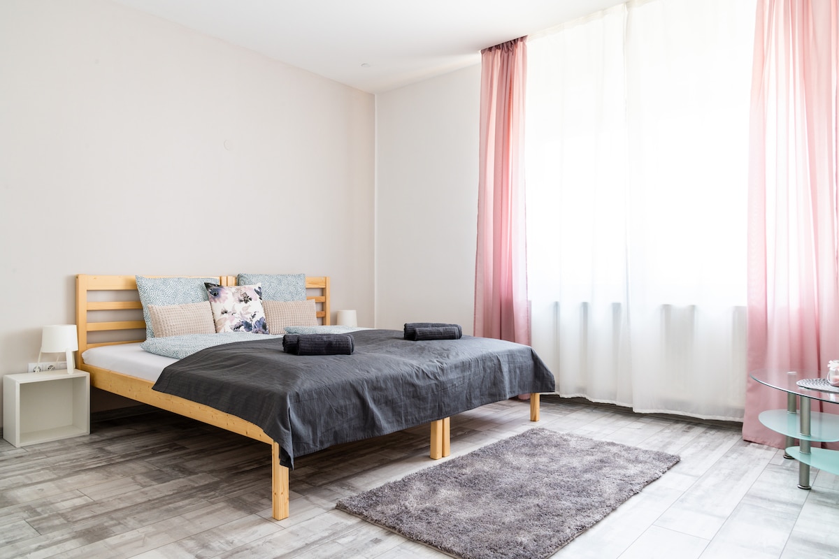 A spacious sleeping area features a wooden bed with a dark duvet and pillows placed neatly at the head. Light filters through sheer curtains, illuminating the room. A small nightstand with a lamp stands beside the bed, with a plush rug on the floor adding comfort.