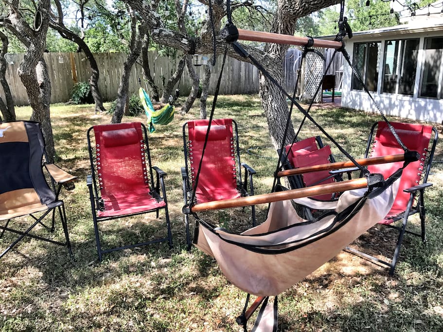 Back yard sitting area, hammock horseshoe pit