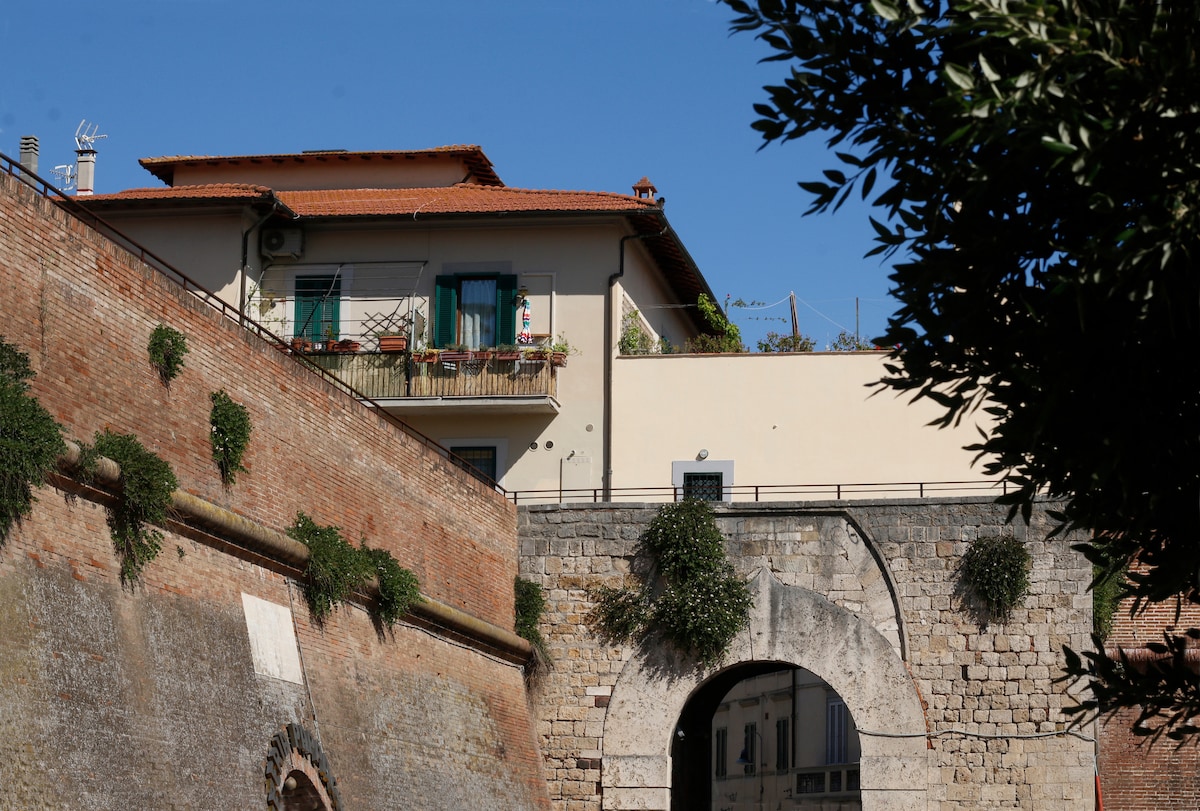 The image showcases the exterior of The Nest, highlighting a charming building with green shutters and a small balcony adorned with plants. The ancient stone wall beneath features soft greenery, which complements the blue sky overhead.