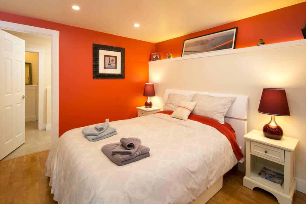 Very comfortable queen bed with choices of pillows and sets of towels await you.