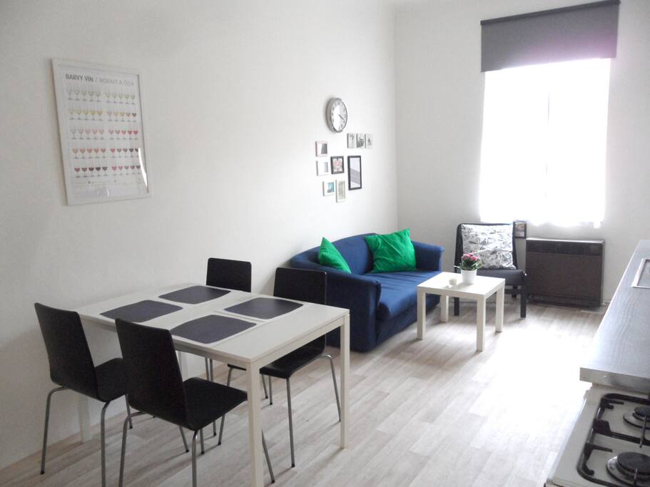 Spacefull kitchen with relax zone, couch (a fold out bed)