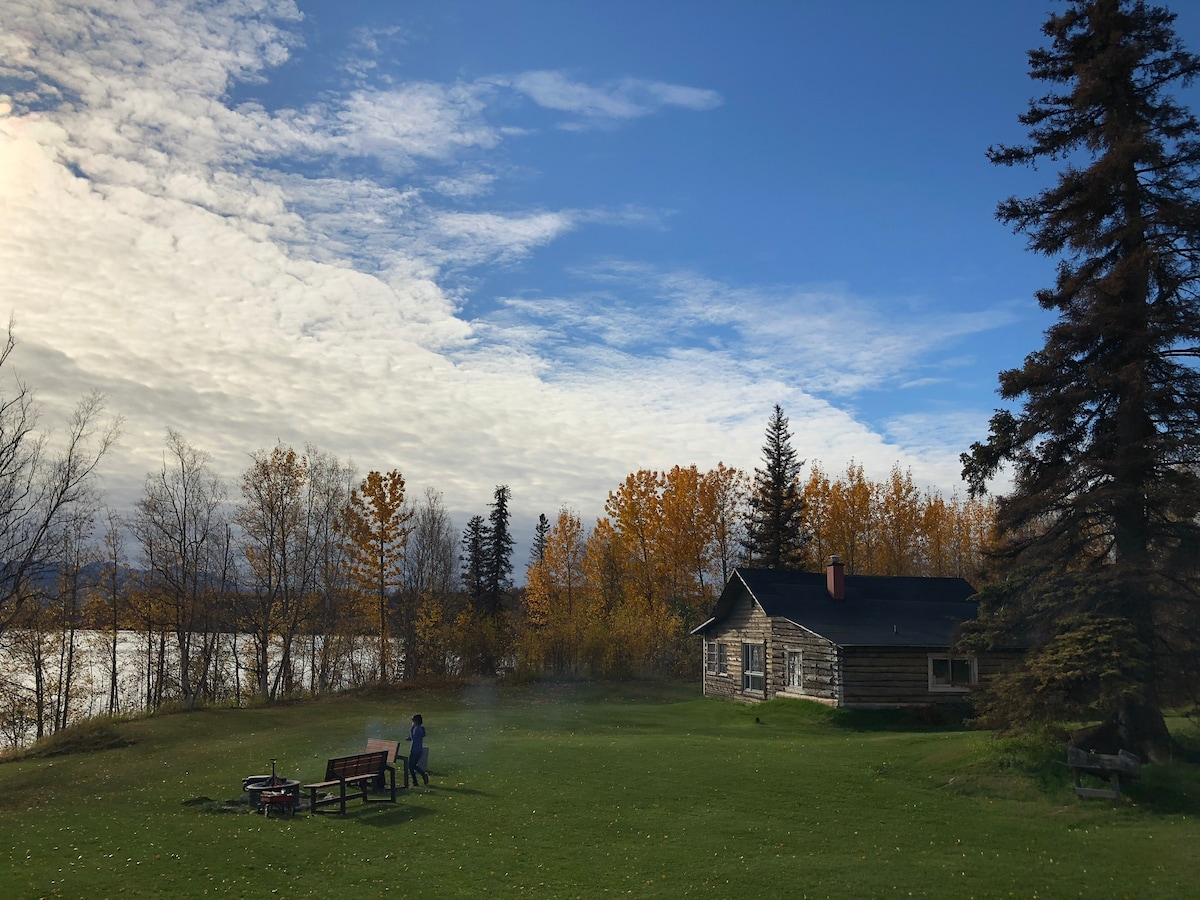 A cozy cedar home is set against a backdrop of autumn leaves and a clear blue sky. The expansive yard features a fire pit and seating area, with a figure engaged in outdoor activities. The serene lake reflects the surrounding trees, enhancing the tranquil setting.