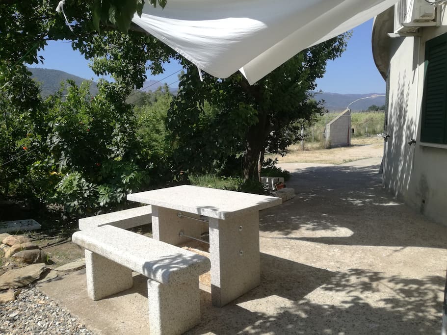 Esterno con panche e giardino