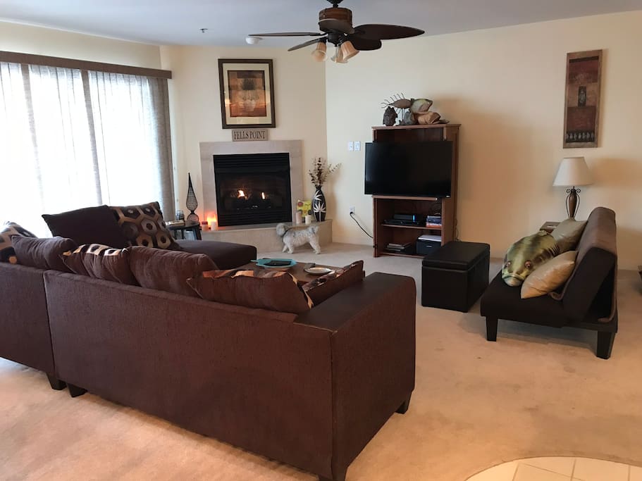 living area w fireplace TV fan