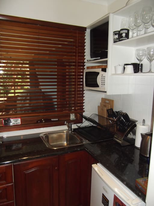 Kitchenette-microwave (no stove), toaster, kettle