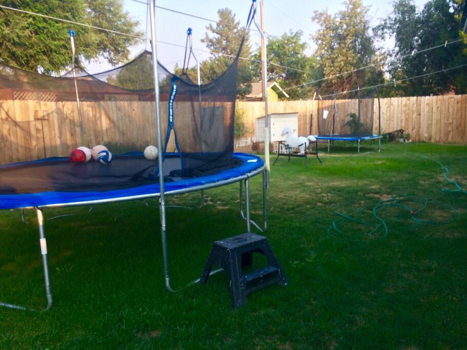 Back yard is cool in summer evenings, has 2 trampolines and chickens
