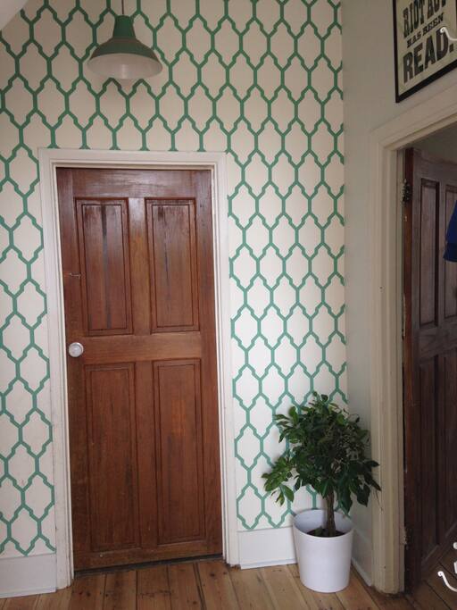 Entrance hall with Farrow and Ball hand-painted wallpaper