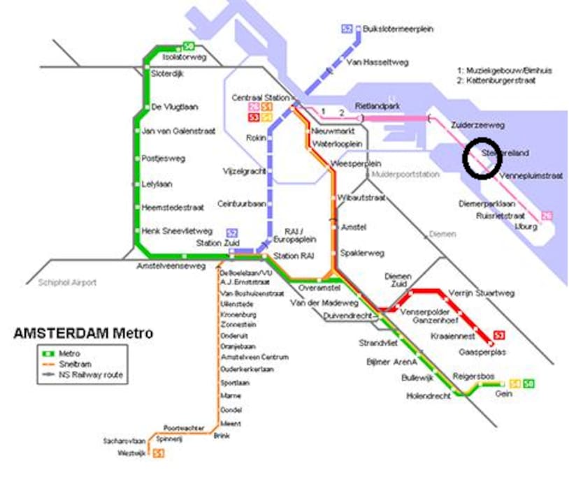 Tram/Bus to Amsterdam Central (tram stop 3 minutes walk) it takes 15 minutes by tram to City Center