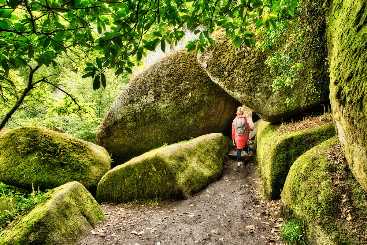 A narrow path is framed by large moss-covered rocks, creating a natural passage. Lush green foliage surrounds the area, providing a serene environment. A person in a red jacket is observed walking through the rocky opening, suggesting a connection with nature.
