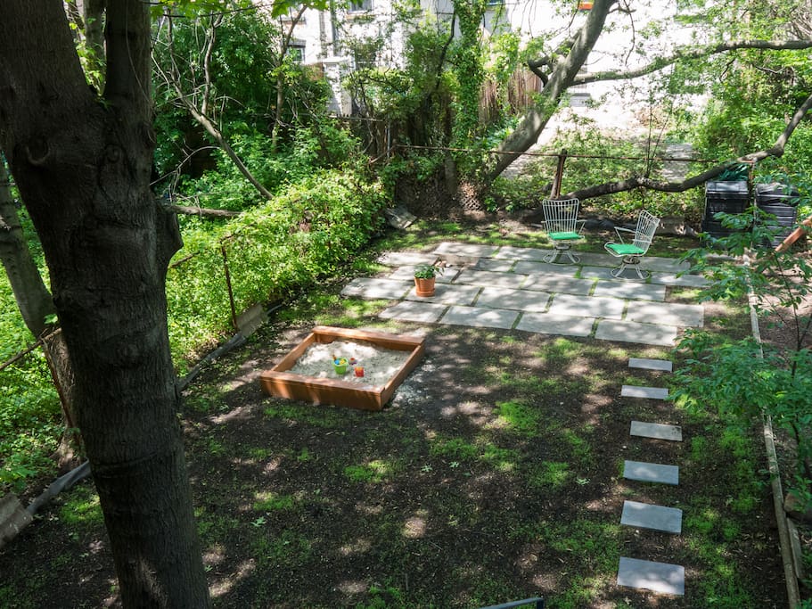 view to the garden with the bluestone patio - the freshly seeded clover is coming in nicely
