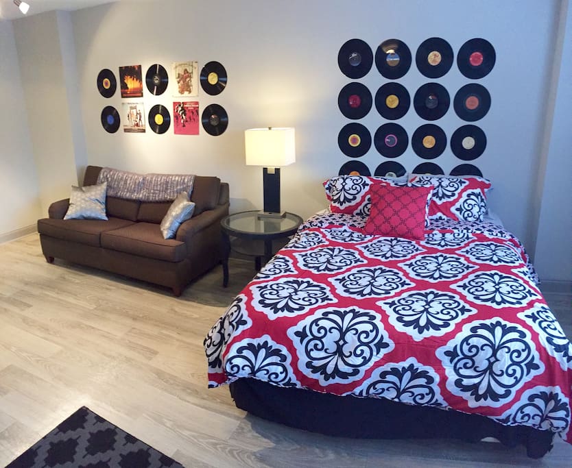 Main room. Queen bed and queen foldout sofa bed! Studio setup.