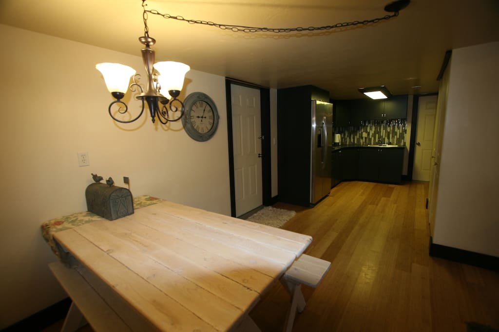 Dining + Kitchen with Full Fridge