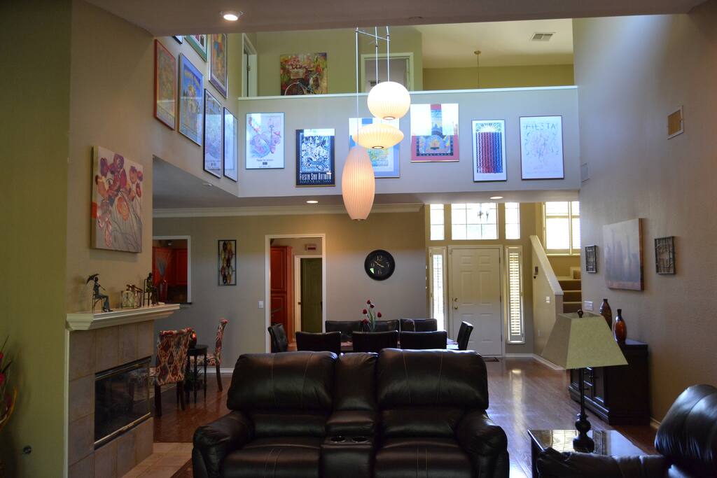 The master bedroom is located downstairs, while the two additional bedrooms are upstairs.
