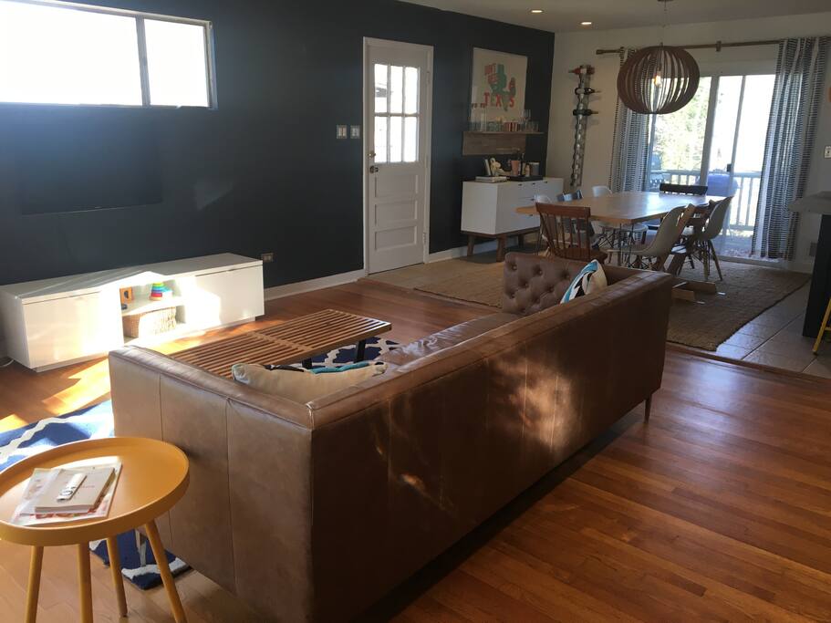 Open living, dining and kitchen.