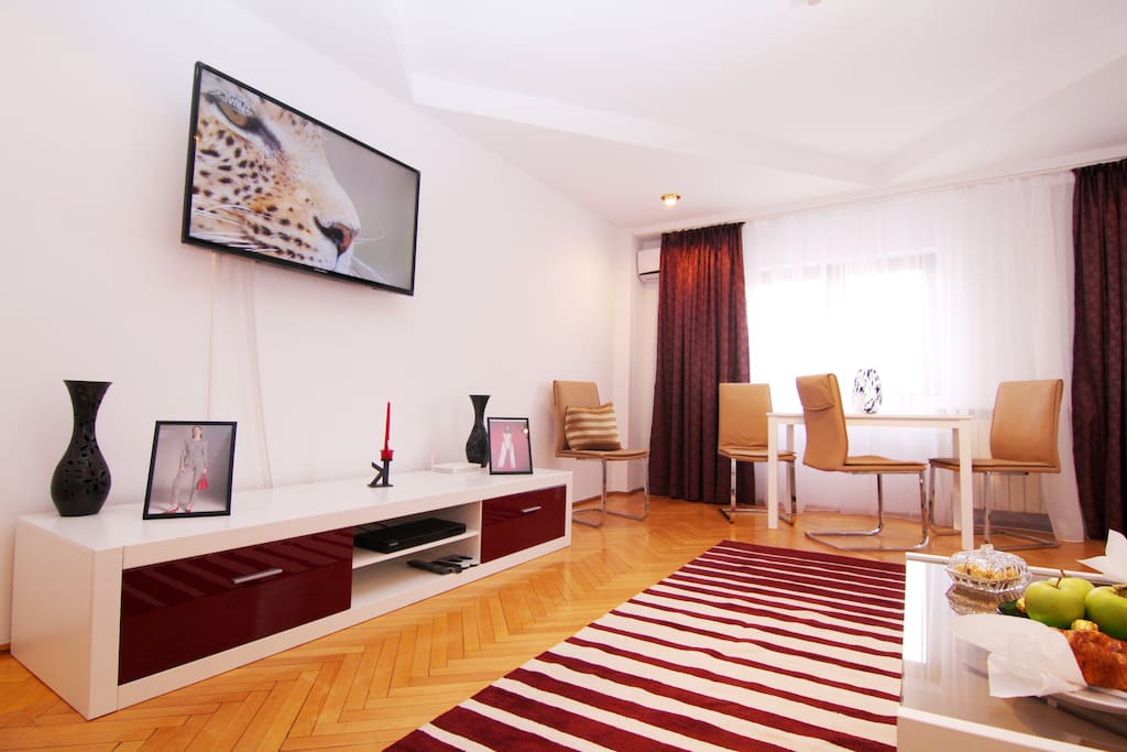 Modern new furniture in huge living room.