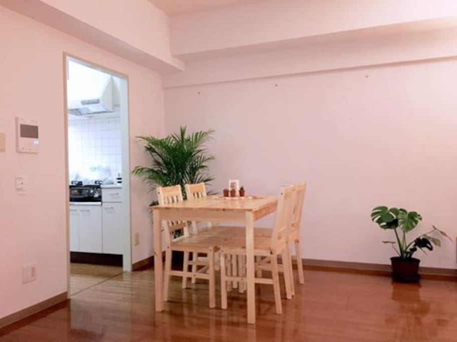 The dining Table with the kitchen behind (All equipped : gas range, fridge, oven, rice cooker, Kettle, plates and so on)