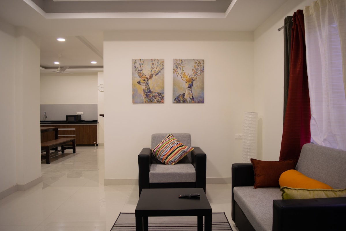 A cozy living area features two modern sofas, one adorned with a colorful striped cushion. Two framed artworks depicting deer are displayed on the light-colored wall, while a dark square coffee table is centrally positioned. The kitchen area is visible in the background.