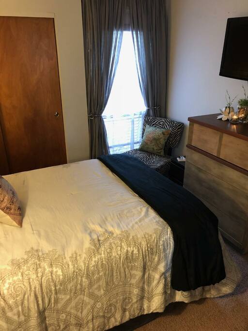 room has mini fridge with complimentary one time water and soda and smart TV.