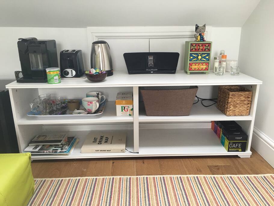 Amenities including small fridge, Nespresso machine, Kettle with tea making facilities & Toaster