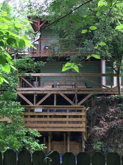 Multiple decks overlooking Bear Creek