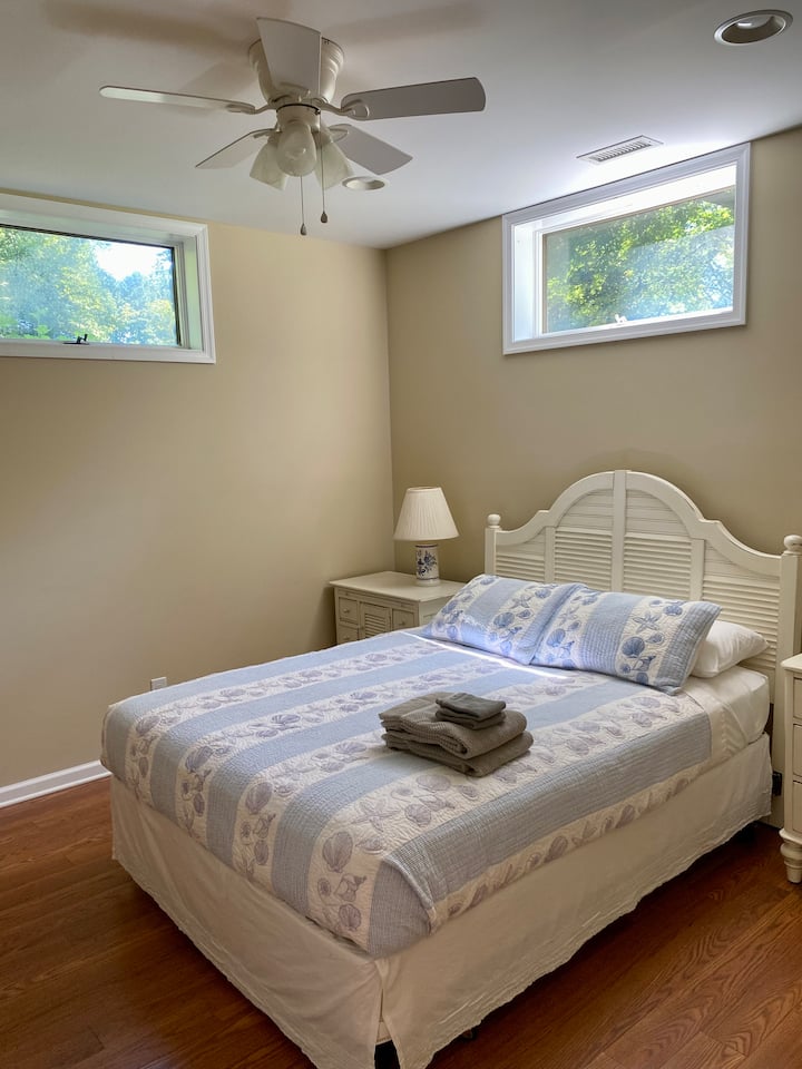 地下室带窗灯的标准双人床卧室。