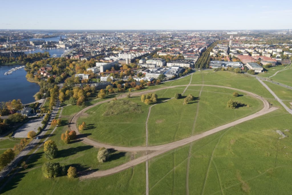 Aerial photo of the green area in Gärdet