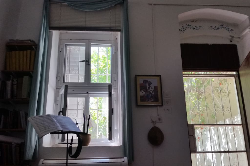 Lovely spacious 13x15' master bedroom, 14'ceiling with 6' high window looking out to patio. Door walks out to patio. Great fresh air movement, plus fan plus AC.