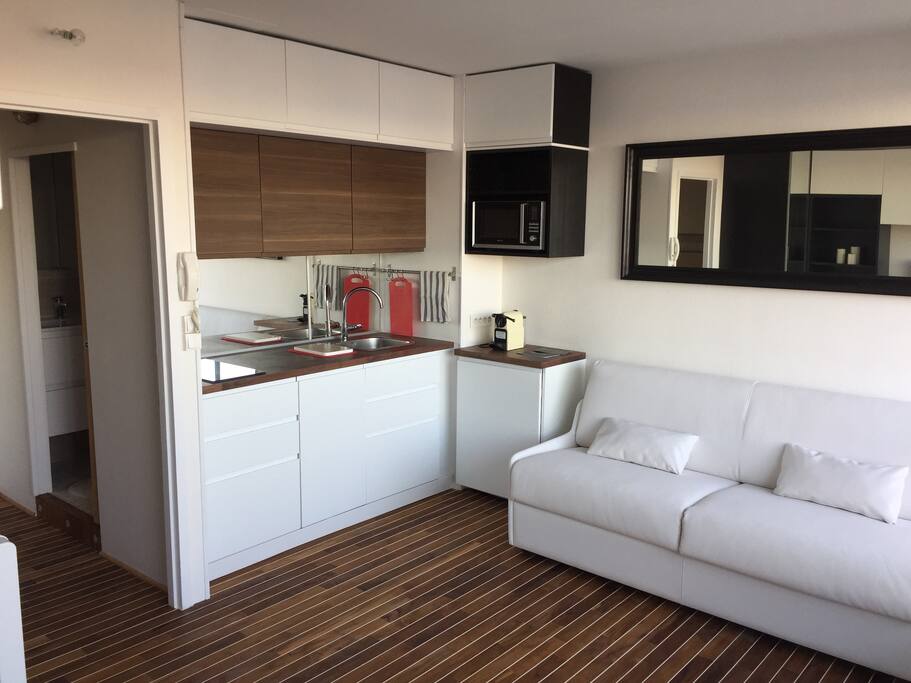 Studio avec le coin cuisine et le canapé lit type rapido très confortable literie de qualité 160X200
