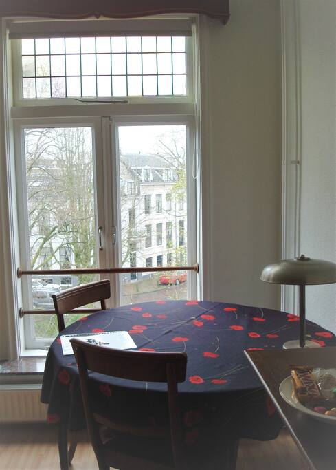 Big table and view on canal in winter