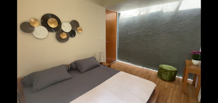 Chumba kikuu cha kulala kilicho na kitanda cha ukubwa wa King na matembezi mahususi katika kabati na bafu nusu ya nje