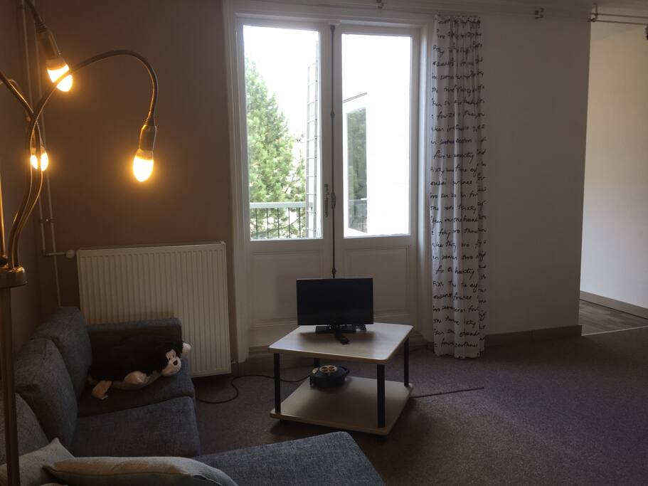 zithoek met tv/radio en openslaande deuren naar balkon. Rechts de doorloop naar de keuken
