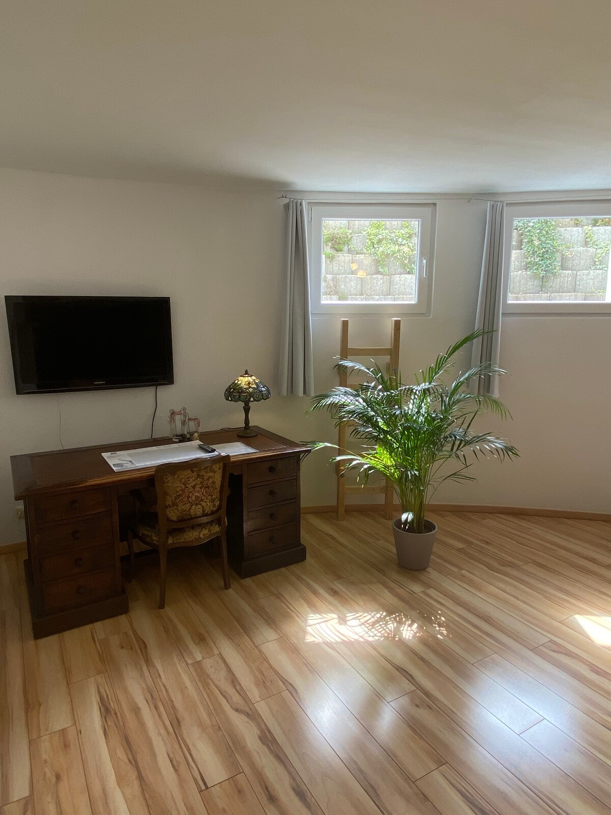 A well-lit room features a wooden desk with an ornate chair and a small lamp. A television is mounted on the wall opposite. Large windows allow natural light to enter, and a potted plant adds a touch of greenery to the space.