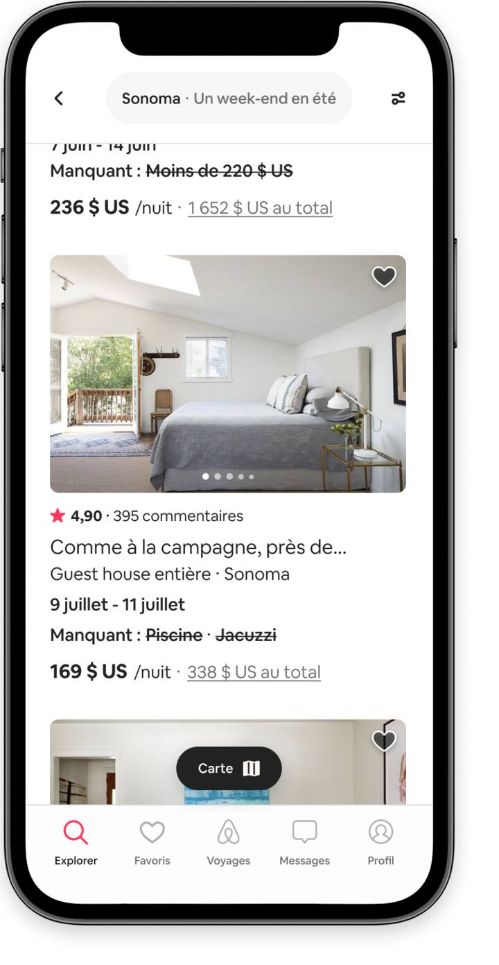 Les annonces de logements qui ne répondent pas à un ou deux filtres de recherche dans l'application Airbnb.