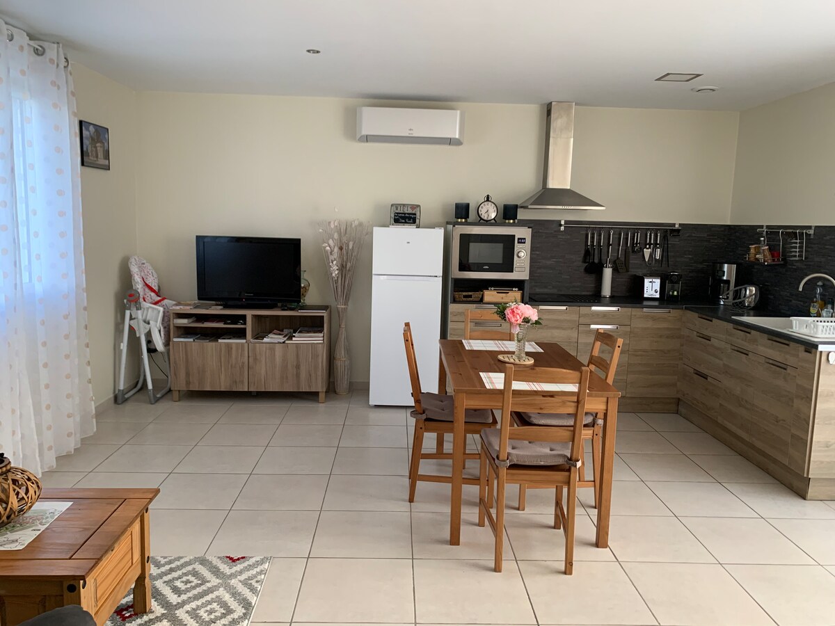 The open-plan living area showcases a functional kitchen with modern appliances, including a refrigerator and microwave. A wooden dining table with four chairs is positioned centrally, while a television sits on a simple cabinet. Large windows allow natural light to fill the space.