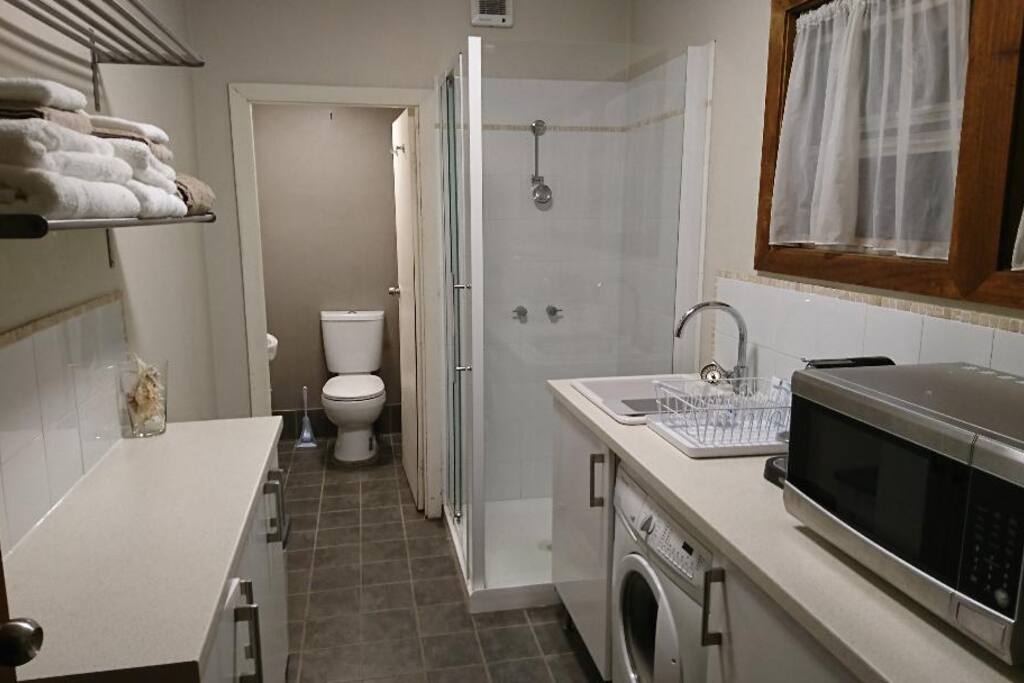 Combined kitchen-laundry-shower with separate toilet