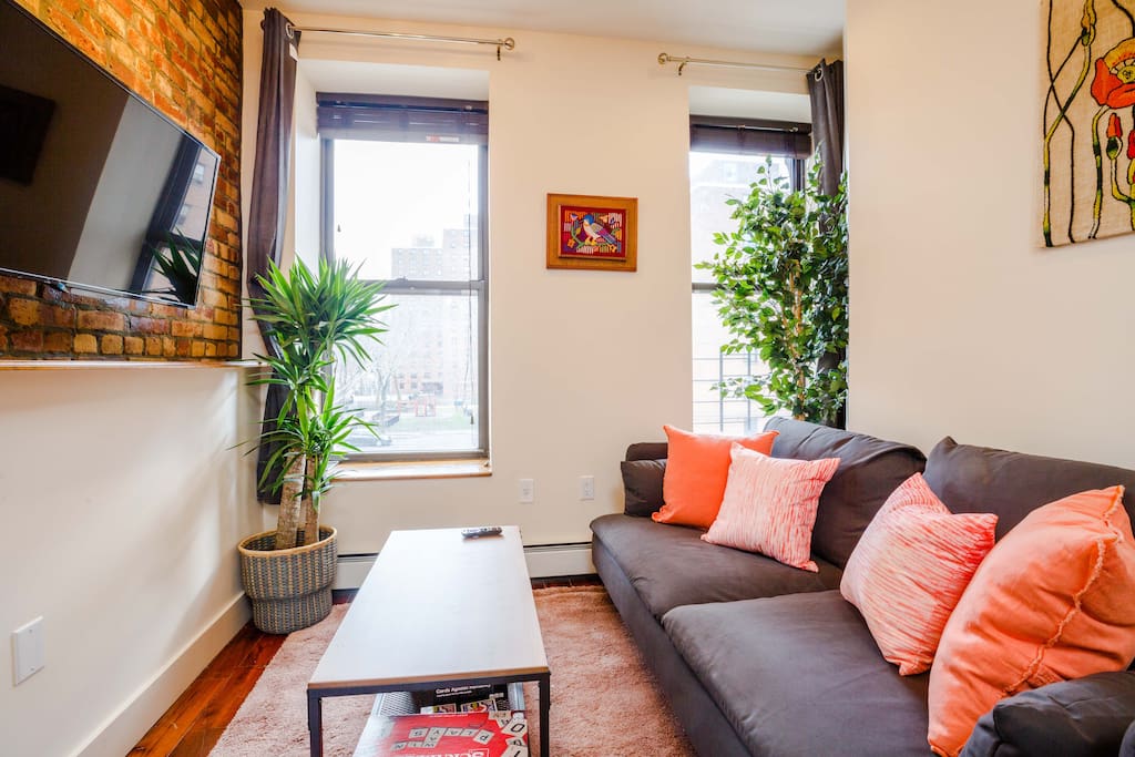 Unwind on our plush sofa and play some board games or watch TV or Netflix, we leave it logged in for you! This couch can also be a single bed for those with large groups.