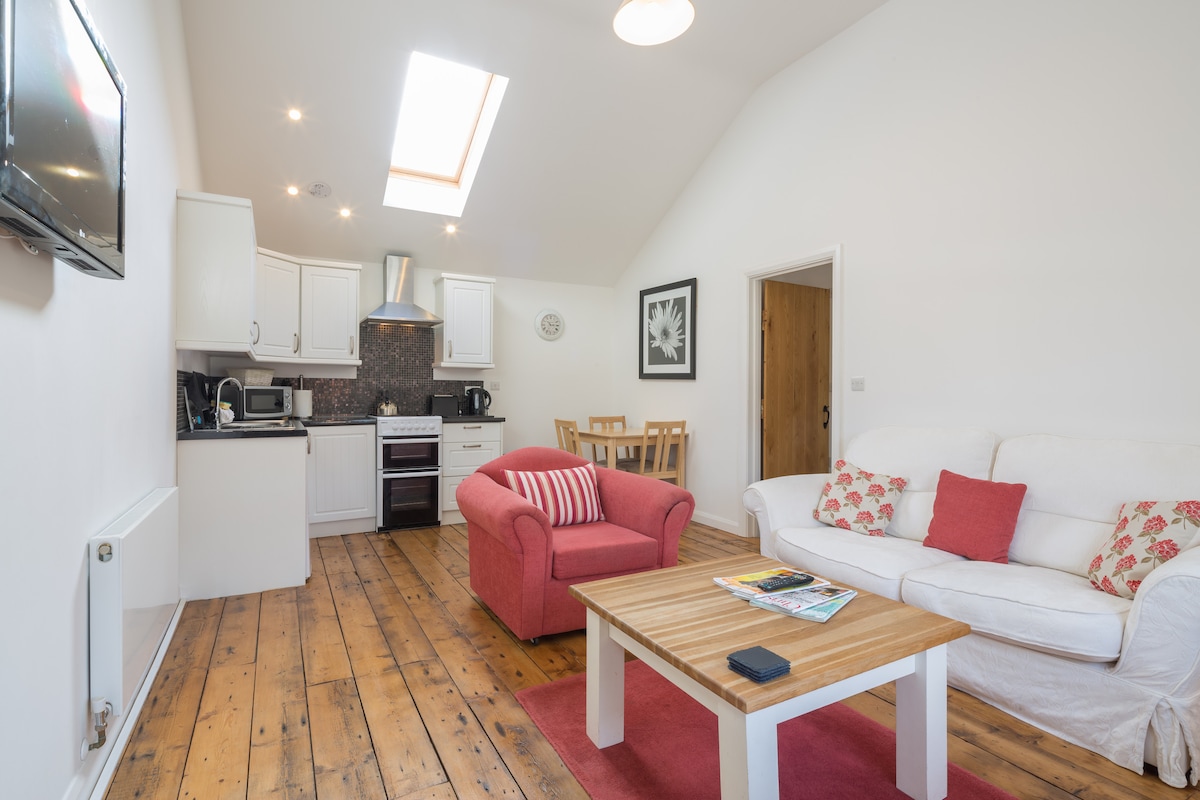 An open living area features light wood flooring and high ceilings. A comfortable sofa with cushions and a red armchair are arranged around a wooden coffee table. A dining table and chairs are positioned nearby. Natural light enters through a skylight and walls are adorned with simple decor.