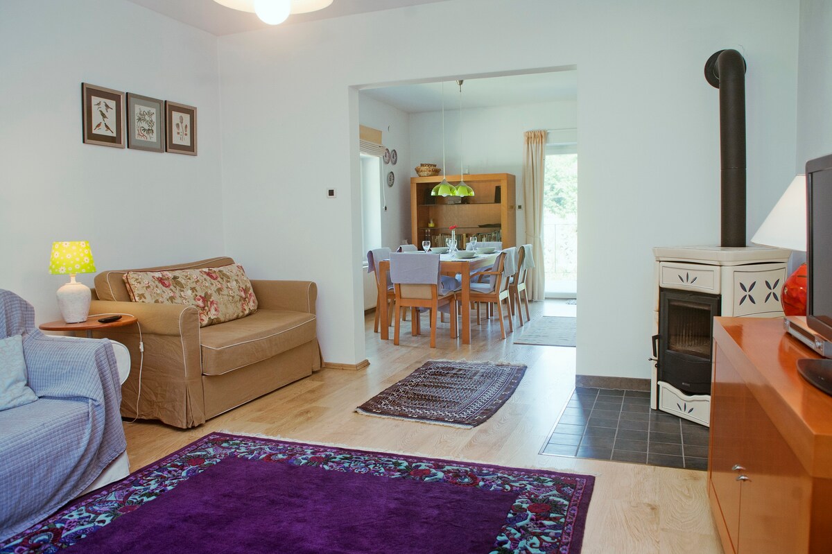 ห้องนั่งเล่นพร้อมเตาเผาไม้