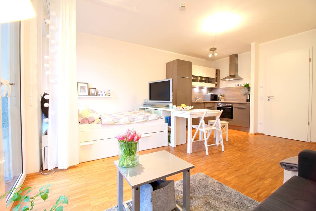 Warm and welcoming atmosphere created by the big widows & the nice wooden floor.