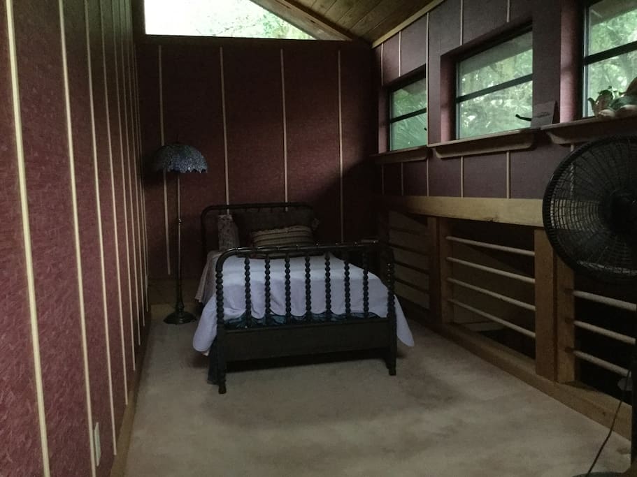 Loft bed above bedroom with twin bed.